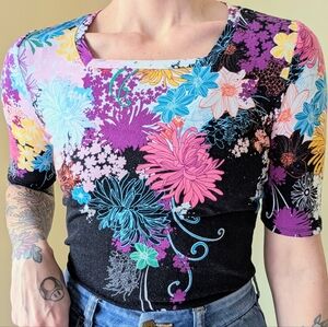 Investments Essentials Petites Vintage Y2K Chrysanthemum Floral Square Neck Top